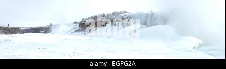 Panorama von gefrorenen Niagara Fluss einschließlich American Falls und Goat Island unter die Wasserfälle im winter Stockfoto