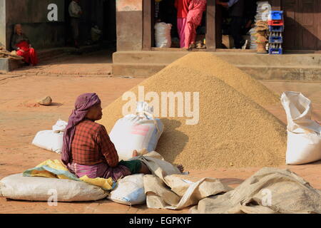 PANAUTI, NEPAL - 16 Oktober: Nepalesische alte Frau füllt synthetische Bast Säcke mit sonnengetrockneten Reis am Oktober 16, 2012-Panauti. Stockfoto