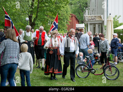 ALSTER, KARLSTAD, Schweden - 20. Juni 2014: Menschen am Mittsommerfest und Norwegisch - schwedische Hochzeit am 20. Juni 2014 in A Stockfoto