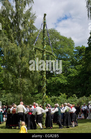 ALSTER, KARLSTAD, Schweden - 20. Juni 2014: Menschen am Mittsommerfest und Norwegisch - schwedische Hochzeit am 20. Juni 2014 Stockfoto