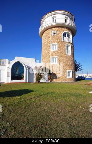 Hafen Sie Eingang Wachturm und Schrein, Almerimar, Provinz Almeria, Andalusien, Spanien, Westeuropa. Stockfoto