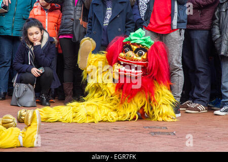 Northampton, UK 1. März 2015.   Der Stadt konstituierenden Chinese New Year. (2015 ist das Jahr des Schafes). Feier auf dem Marktplatz mit Drachen und Löwen tanzen, Akrobaten und Martial Arts Demonstrationen Credit: Keith J Smith. / Alamy Live News Stockfoto