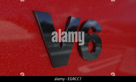 V6 Zeichen, Label, Abzeichen, Emblem oder Designelement auf Auto print. Stockfoto