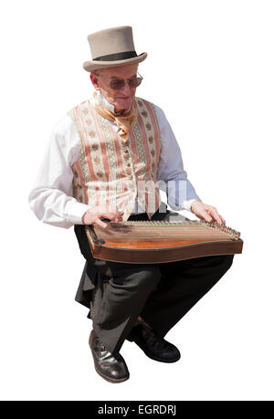 Mann, der in der Viktorianischen dress Spielen zither Rochester Dickens Festival Stockfoto