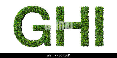 G H habe ich Buchstaben aus grünen Blättern, die isoliert auf weißem Hintergrund. Stockfoto
