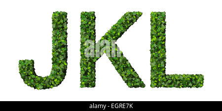 J K L Alphabet Buchstaben aus grünen Blättern, die isoliert auf weißem Hintergrund gemacht. Stockfoto