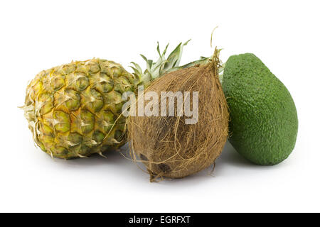 Avocado, Ananas Kokos, isoliert auf weißem Hintergrund Stockfoto