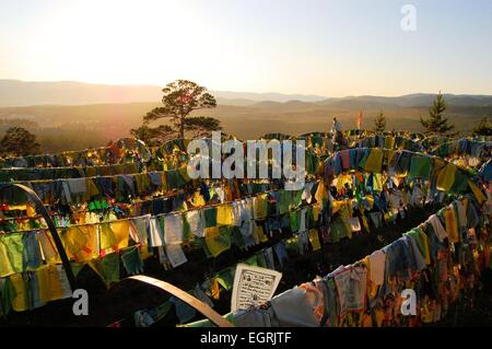 Gebetsfahnen an der Ivolginsky Datsan Tempel, Ulan-Ude, Russland Stockfoto