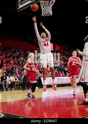 Piscataway, New Jersey, USA. 1. März 2015. Rutgers, BETNIJAH LANEY (44), fährt in den Korb gegen Indiana in einem Spiel bei der Rutgers Athletic Center in Piscataway, New Jersey. © Joel Plummer/ZUMA Draht/Alamy Live-Nachrichten Stockfoto