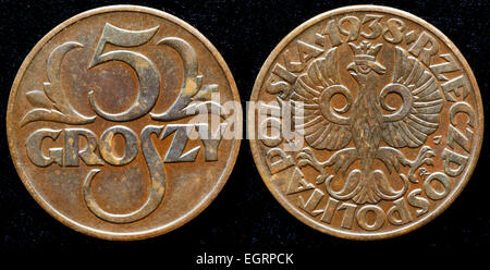 5 Croszy Münze, Polen, 1938 Stockfoto