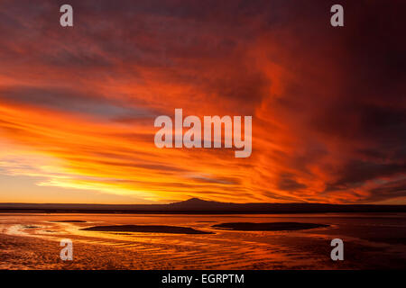 Sonnenuntergang Wolken über Chaxa Lagune, The Flamingos Nationalreservat, Soncor Sektor, Salar de Atacama, Chile Stockfoto