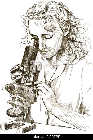 Eine handgezeichnete Abbildung: junge Frau mit Mikroskop Stock Vektor