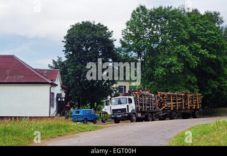 Transport von Schnittholz per LKW. Der LKW mit Protokollen auf dem Parkplatz in der Nähe von Dorfladen. Stockfoto