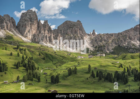 Grödner Joch, Passo Gardena, 2121m, Puez-Gruppe auf den Rücken, Naturpark Puez Geisler, Dolomiten, Selva di Val Gardena Stockfoto