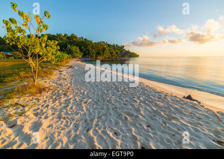 Golden Sunrise an einsamen weißen Sandstrand. Resort im abgelegenen Togean (oder Togian) Touristeninseln, Zentral-Sulawesi, Indonesien Stockfoto