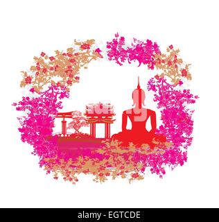 Silhouette eines Buddha, asiatische Landschaft im Grunge-Textur Stock Vektor