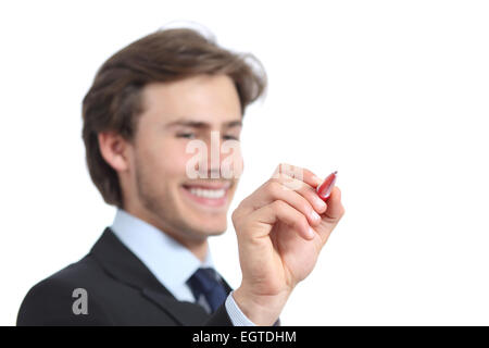 Glücklich Kaufmann auf der Luft schreiben mit einem Stift auf einem weißen Hintergrund isoliert Stockfoto