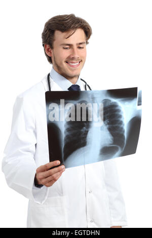 Glücklich Arzt Mann Prüfung eine Radiographie auf weißem Hintergrund Stockfoto