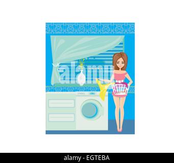Hausfrau in modernen blauen Küche Stock Vektor