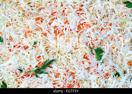 Einen leckeren Salat von frischen Kohl und Karotten, garniert mit frischen Kräutern. Blick von oben. Stockfoto