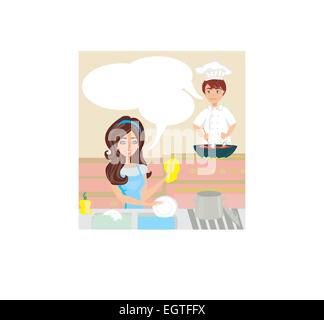 Arbeiter in der Küche, Frau wäscht Geschirr, Man kocht eine Gericht Stock Vektor