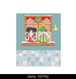 Mädchen füttert die Vögel im winter Stock Vektor