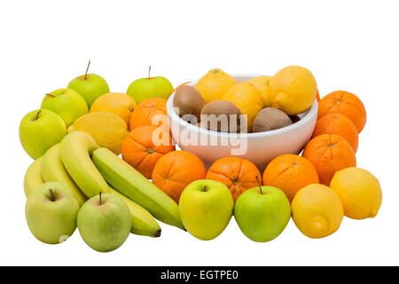 Obst, isoliert auf weiss. Bananen, Orangen, Kiwi, Äpfel und Zitronen. Stockfoto