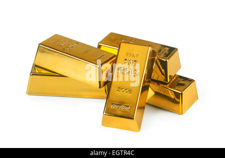 Fünf Goldbarren isoliert auf weißem Hintergrund Stockfoto