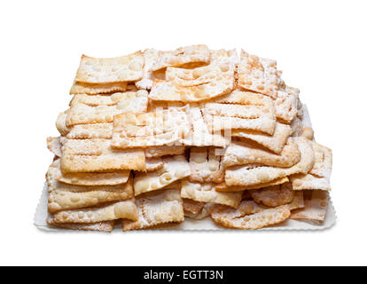 Versuchen Sie Chiacchiere oder Frappe, italienische frittierte Gebäck auf weißem Hintergrund. Stockfoto