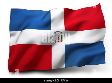 Wehende Flagge der Dominikanischen Republik isoliert auf weißem Hintergrund Stockfoto