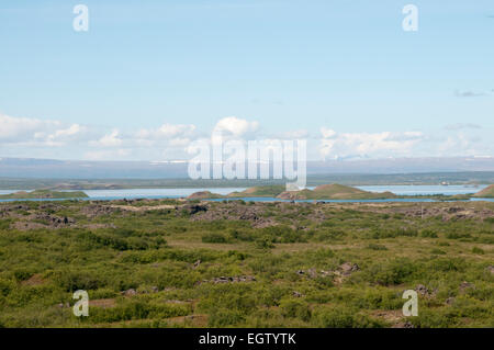 Myvatn bedeutet Midge See und befindet sich auf der Basis If den riesigen Krafla-Vulkan in Island. Es gibt einige Pseudo-Krater herum. Stockfoto