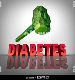 Gegen Diabetes natürlichen Behandlungskonzept als Hammer gemacht gesundes Obst und Gemüse, die Zerstörung der diabetischen Erkrankung als Stockfoto