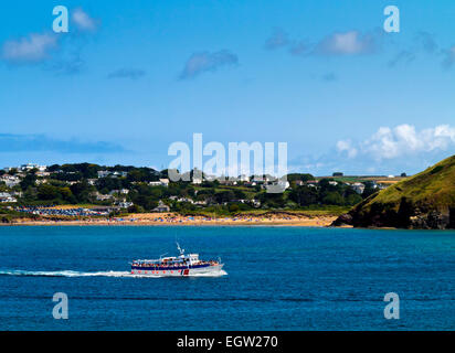 Jubiläums-Königin Touristenboot Ausflüge in Padstow Bay North Cornwall England UK ausgeführt Baujahr 1977 verwendet für Tagesausflüge und Kreuzfahrten Stockfoto