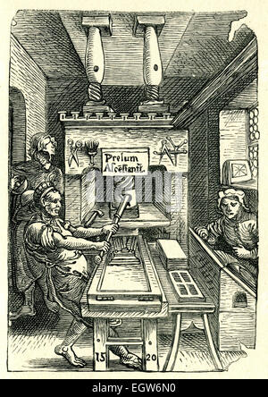 Gravur der Drucker bei der Arbeit im Jahre 1520, veröffentlicht von eine Gravur in unsere englische Bibel von John Stoughton, ca. 1850 Stockfoto