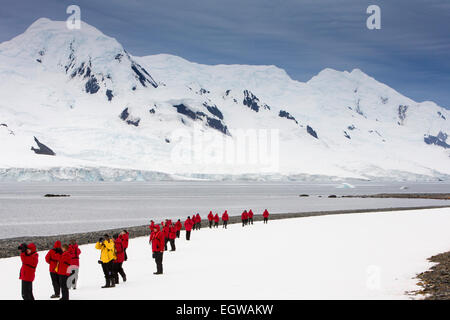 Antarktis, Half Moon, Antarktis, Kreuzfahrt, Schiff ein roten Parkas am Strand zu tragen Stockfoto