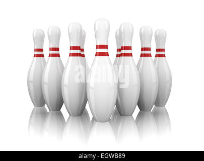 10 Bowling-Pins isoliert auf weißem Hintergrund Stockfoto