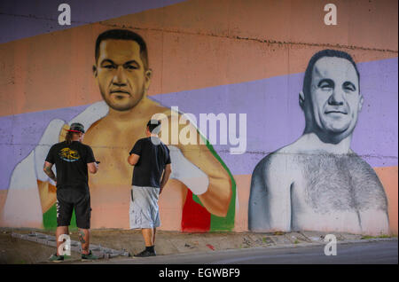 Ein Graffiti Künstler Farben ein Wandbild des bulgarischen Boxer Kubrat Pulev, aka The Cobra, an einer Wand unter einer Brücke zur Unterstützung der ungeschlagenen Schwergewichte-WM-Titel kämpfen gegen amtierende Weltmeister Wladimir Klitchko. Neben der Cobra ist ein Porträt des legenda Stockfoto