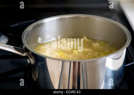 Topf hausgemachte Lauch und Kartoffel Suppe Kochen am Herd Stockfoto