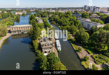 Mülheim an der Ruhr, Wasser-Station, Hafen Ausflugsschiffe von der weißen Flotte, Überschwemmung, Wasser-Kraftwerk Stockfoto