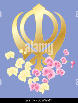 ein Beispiel für eine Sikh Grußkarte mit goldenem Emblem umgeben von rosa und weißen Orchideen auf lila Hintergrund Stockfoto