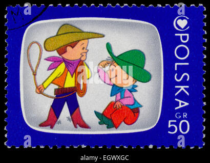 Polen - ca. 1975: Briefmarke gedruckt in Polen zeigt Bolek und Lolek, Comic-Figuren und Kinderbekleidung Health Center Emblem, circ Stockfoto