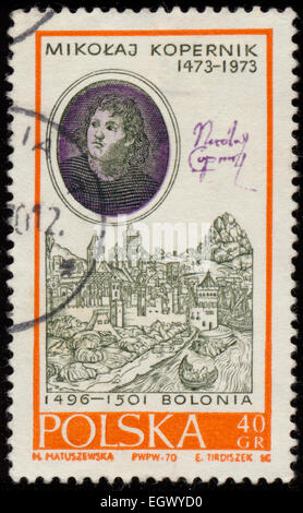 Polen - CIRCA 1970: eine Briefmarke gedruckt in Polen zeigt Nicolaus Copernicus, von Bacciarelli und Ansicht von Bologna, aus der serie Stockfoto