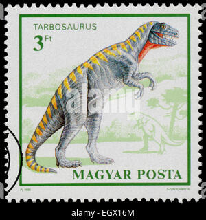 Ungarn - CIRCA 1990: Stempel aus der "Prähistorischen Tiere" Ausgabe zeigt Tarbosaurus, circa 1990 in Ungarn gedruckt. Stockfoto