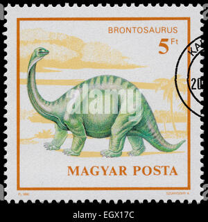 Ungarn - CIRCA 1990: Stempel aus der "Prähistorischen Tiere" Ausgabe zeigt Brontosaurus, circa 1990 in Ungarn gedruckt. Stockfoto