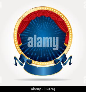 blaue Runde Bühne mit roten Vorhang, leere Banner und Grunge-Burst-Vektor-illustration Stock Vektor