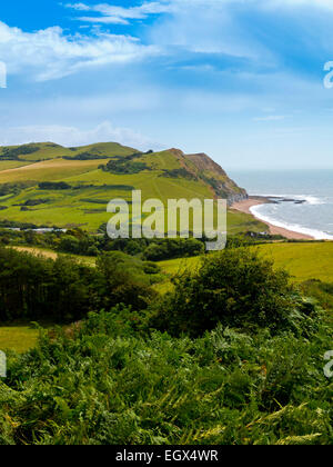 Blick im Sommer vom goldenen GAP einladendsten und die dramatische Sandsteinfelsen der Jurassic Coast in West Dorset England UK Stockfoto