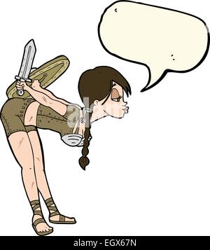 Cartoon-Viking Mädchen verbeugte sich mit Sprechblase Stock Vektor