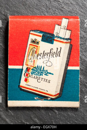 Vintage American Matchbook Werbung Chestefield Zigaretten (hintere oder hintere Ansicht) Stockfoto