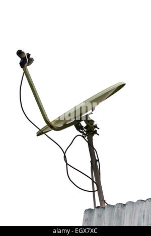 Kleine Satellitenschüssel isoliert auf weißen Himmel Stockfoto