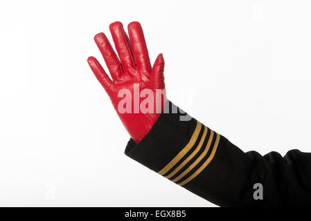 Vier goldene Ringe auf Airline Offiziere einheitliche Hand winkend Gold Borte Stockfoto